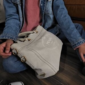 Authentic Prada Canapa Logo Denim Canvas Tote Bag Satchel Grey